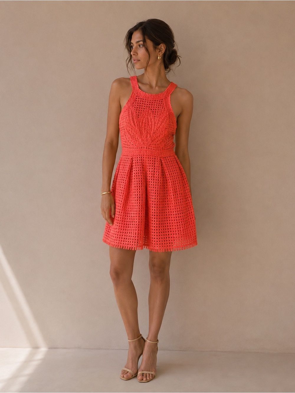 Yoana Baraschi Sleeveless Coral Crochet Fit-&-Flare Dress Size 8